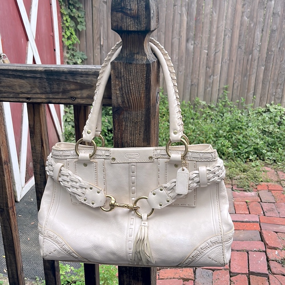 COACH Chalk Leather Shoulder Bag with Braided Belt & Whipstitch Handles. VGUC